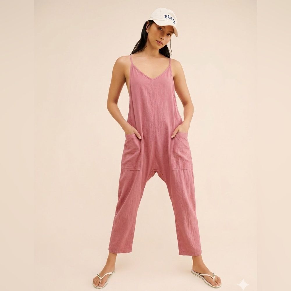 Pink Boho Harem Jumpsuit-Romper Overalls Drop Crotch Apron Back Zip Pocket OSFM